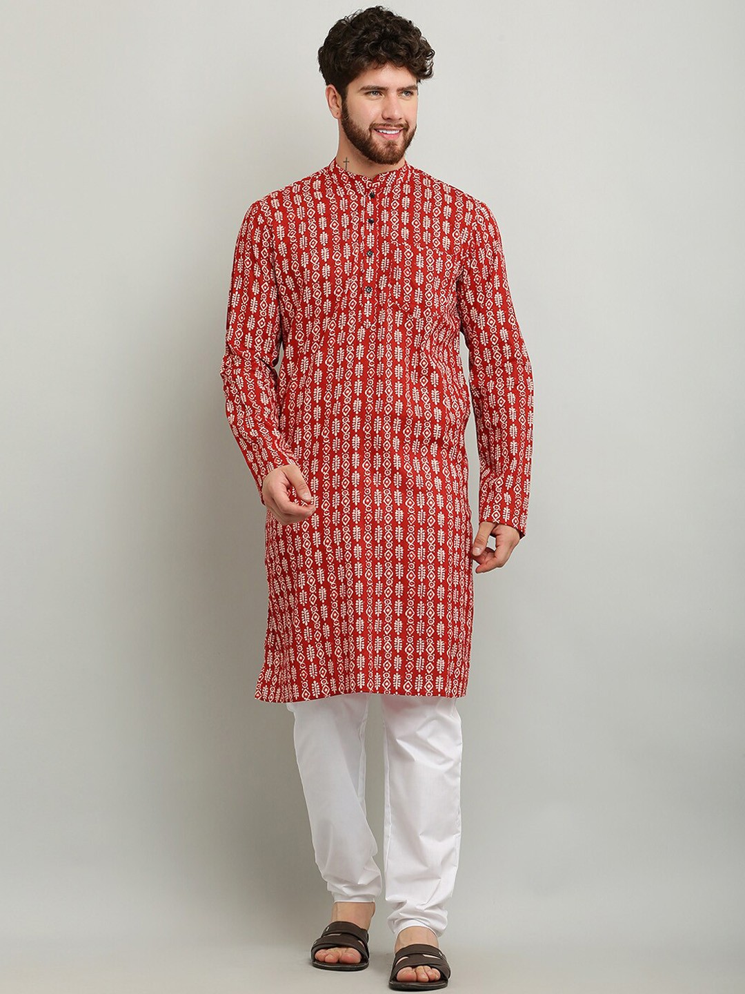

Waahiba Ethnic Motifs Printed Mandarin Collar Pure Cotton Kurta, Red