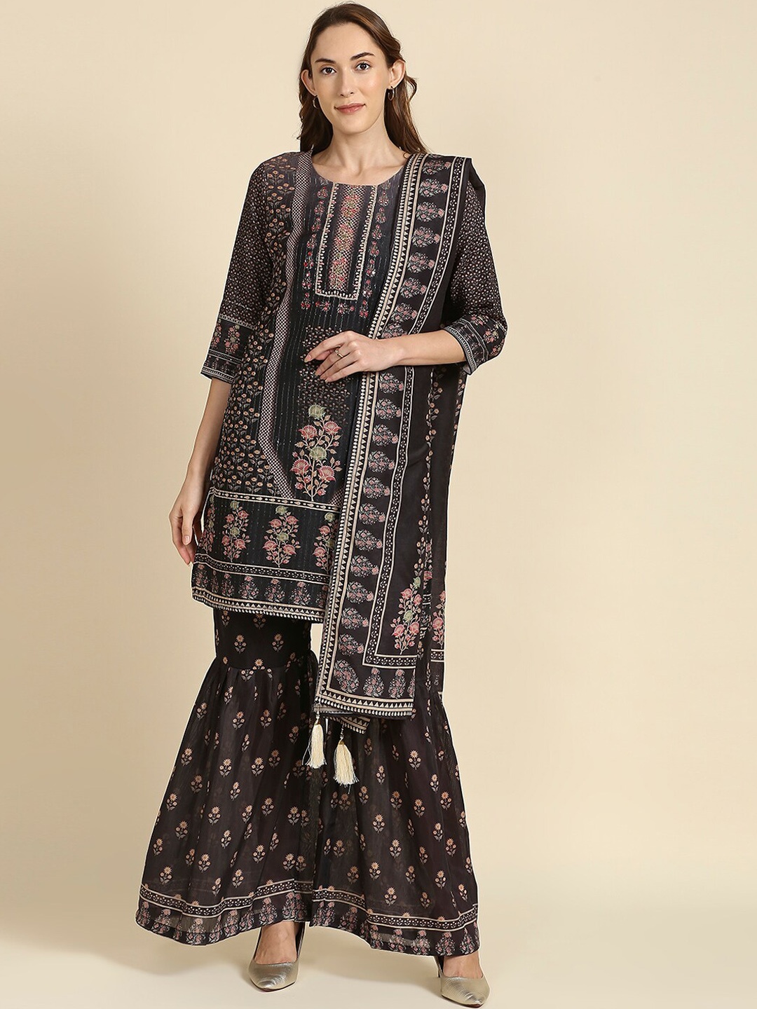 

MADHURAM Floral Printed Empire Kurti With Sharara & Dupatta, Brown