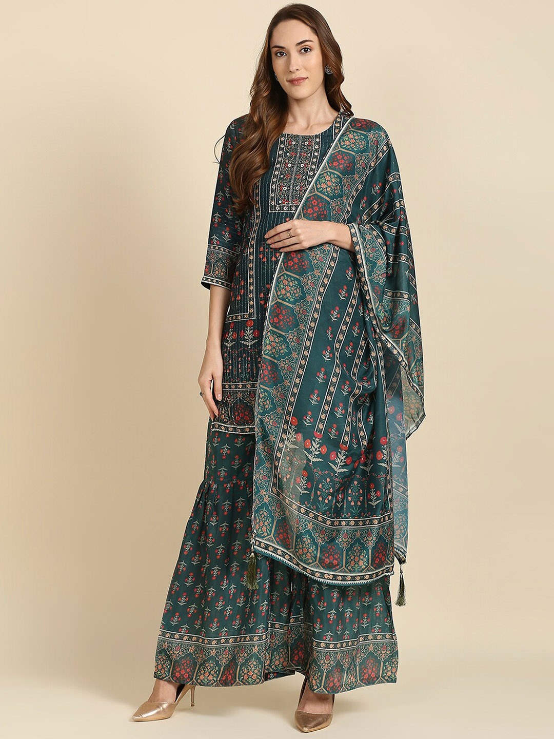 

MADHURAM Ethnic Motifs Printed Mirror Work Kurta With Sharara & Dupatta, Green