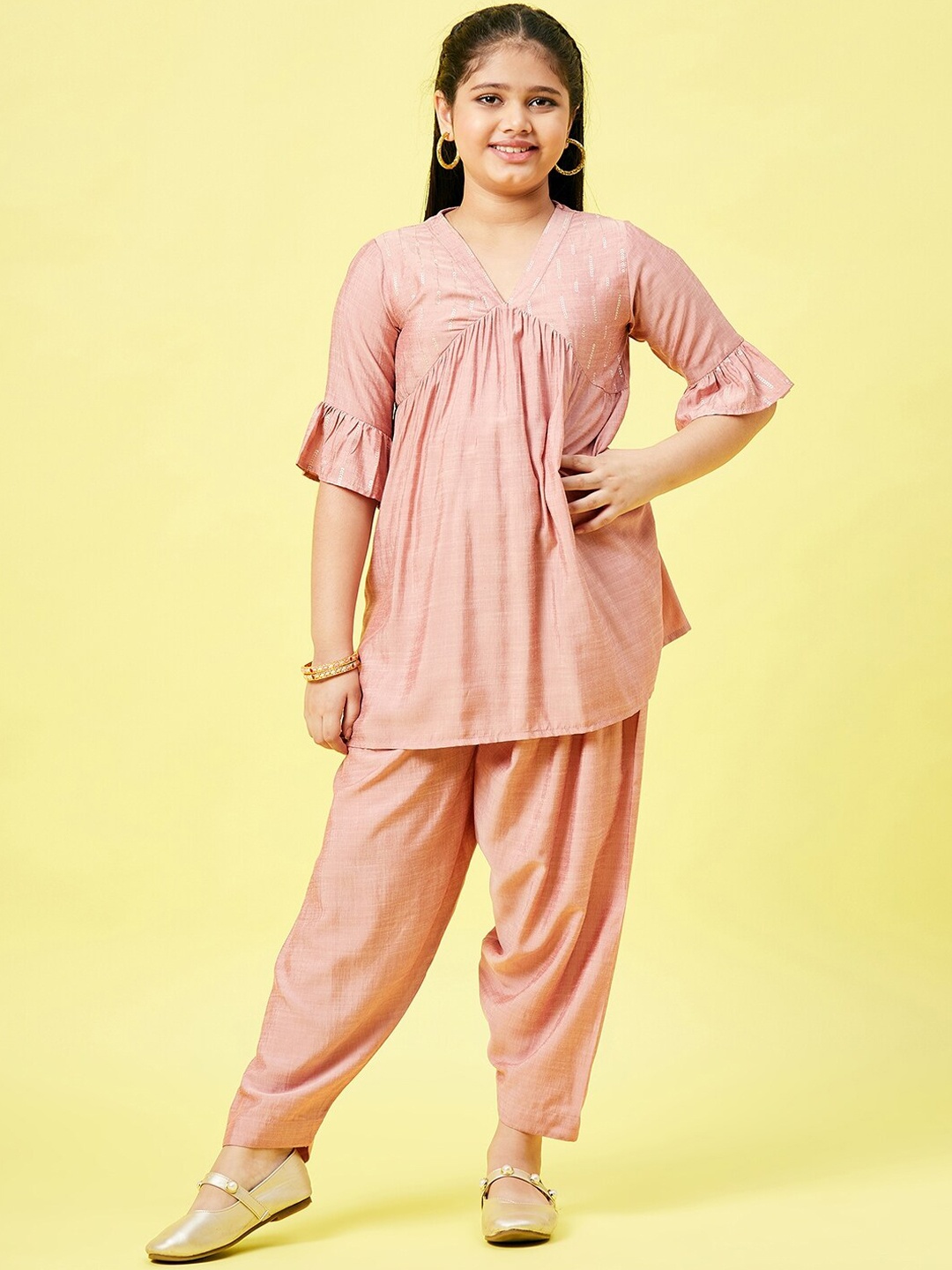 

Stylo Bug Girls Sequined V-Neck Pleated Kurti with Harem Pants, Peach