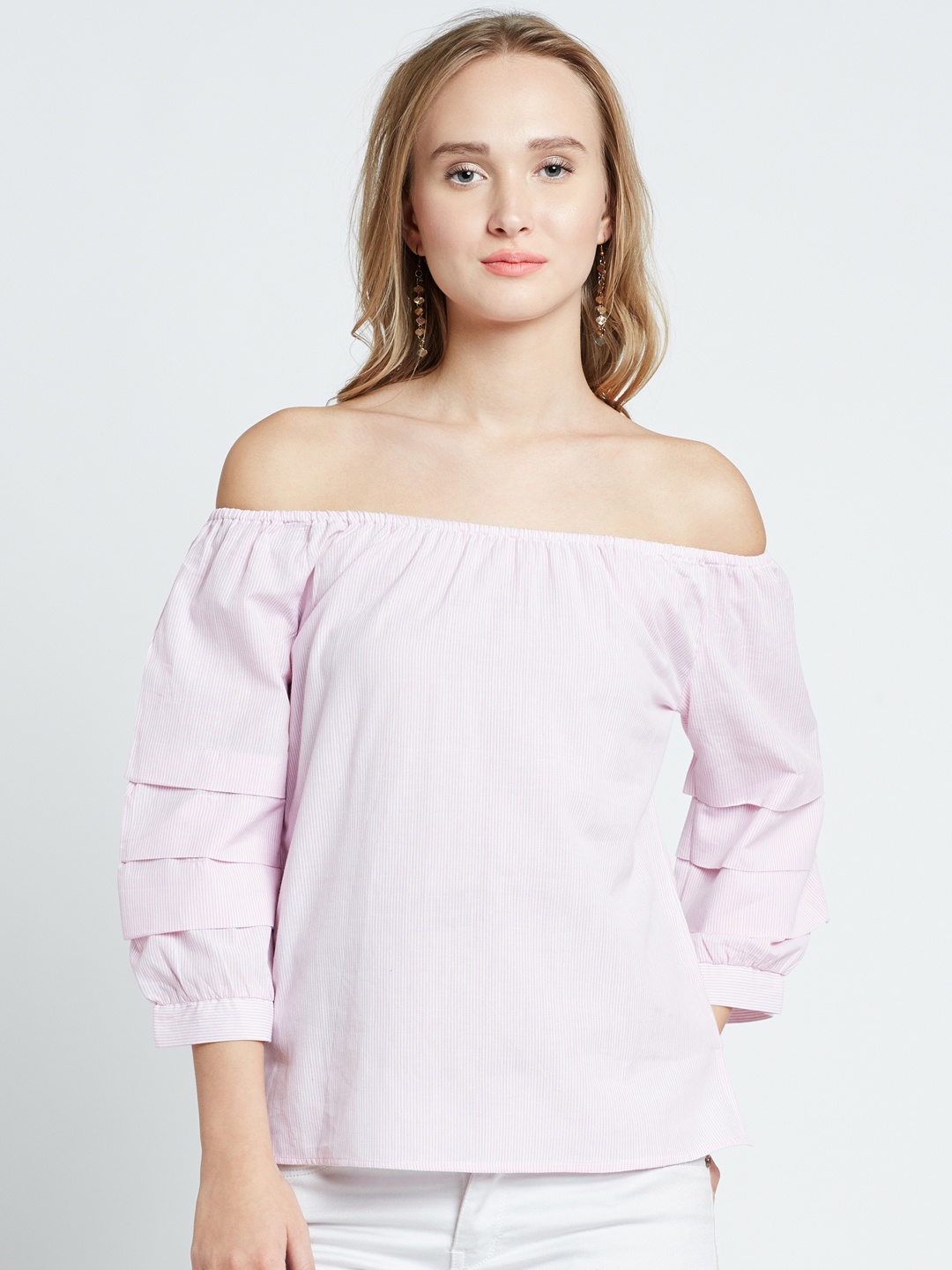 

Marie Claire Women Pink & White Striped Bardot Top