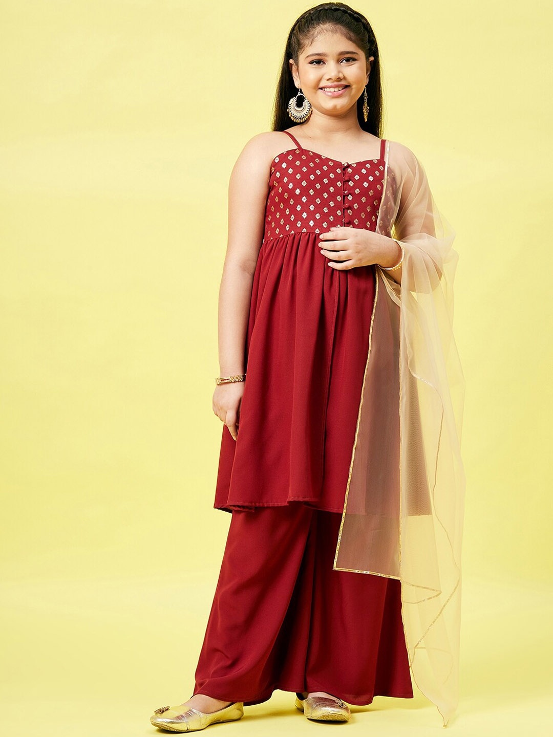 

Stylo Bug Girls Ethnic Motifs Printed High Slit Kurta With Palazzos & Dupatta, Maroon