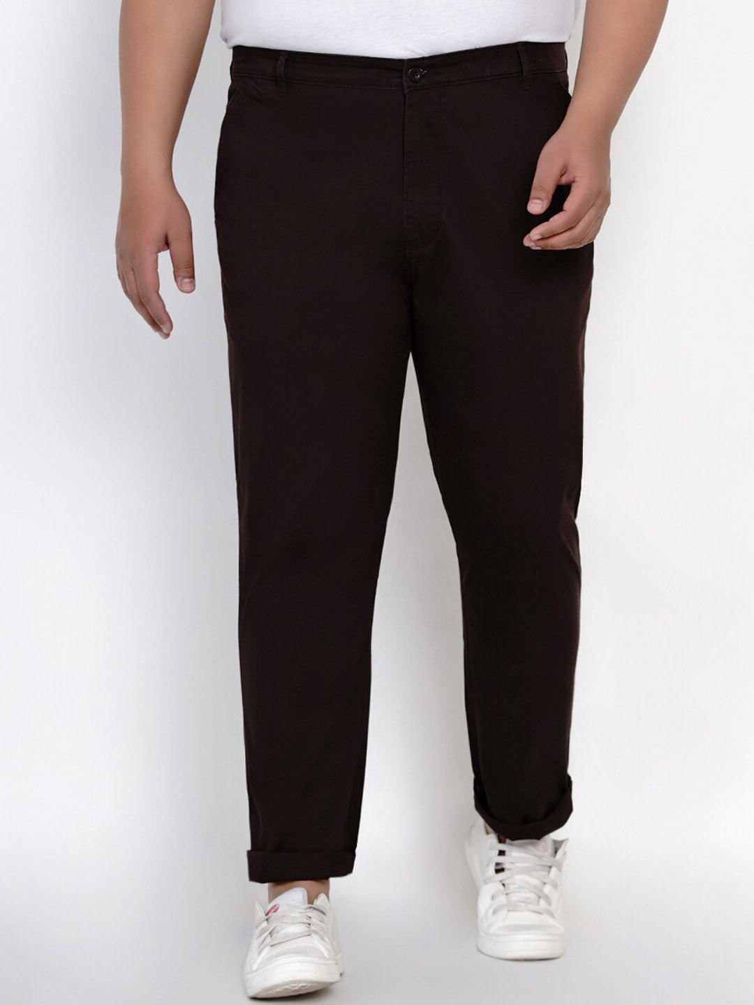 

John Pride Men Plus Size Mid-Rise Plain Chinos Trousers, Coffee brown