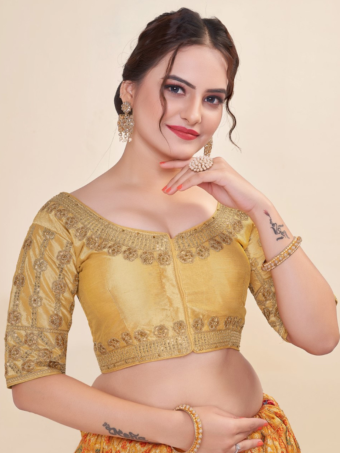 

HIMRISE Embroidered Cotton Saree Blouse, Gold