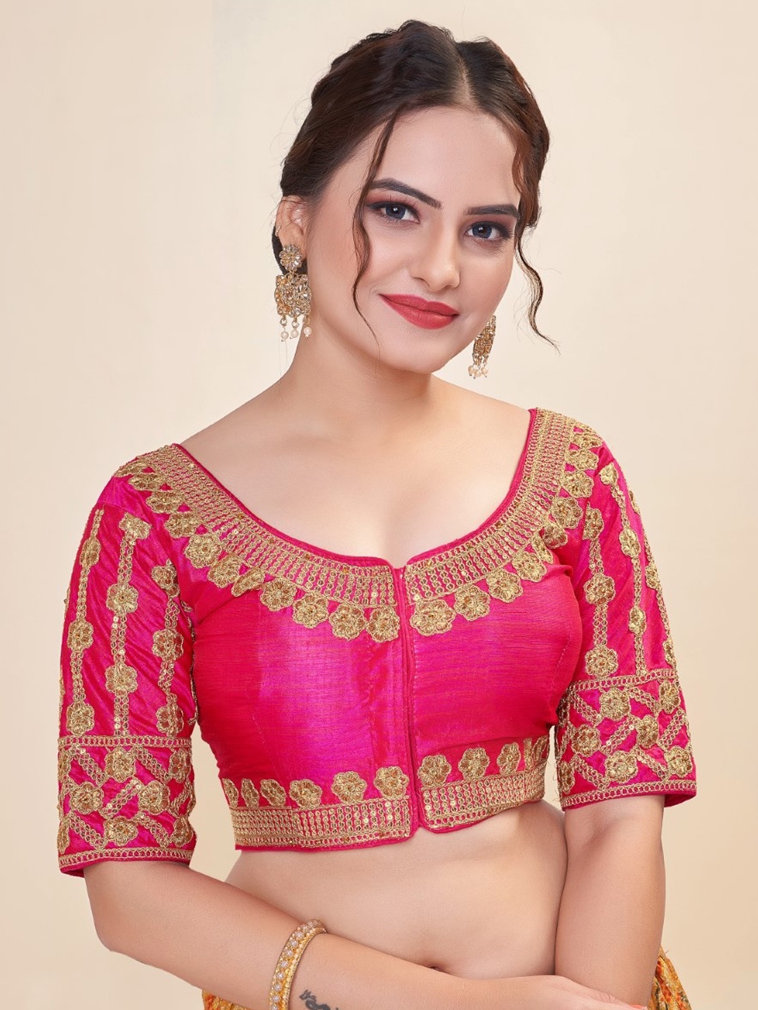 

HIMRISE Embroidered Round Neck Short Sleeve Phantom Blouse, Pink