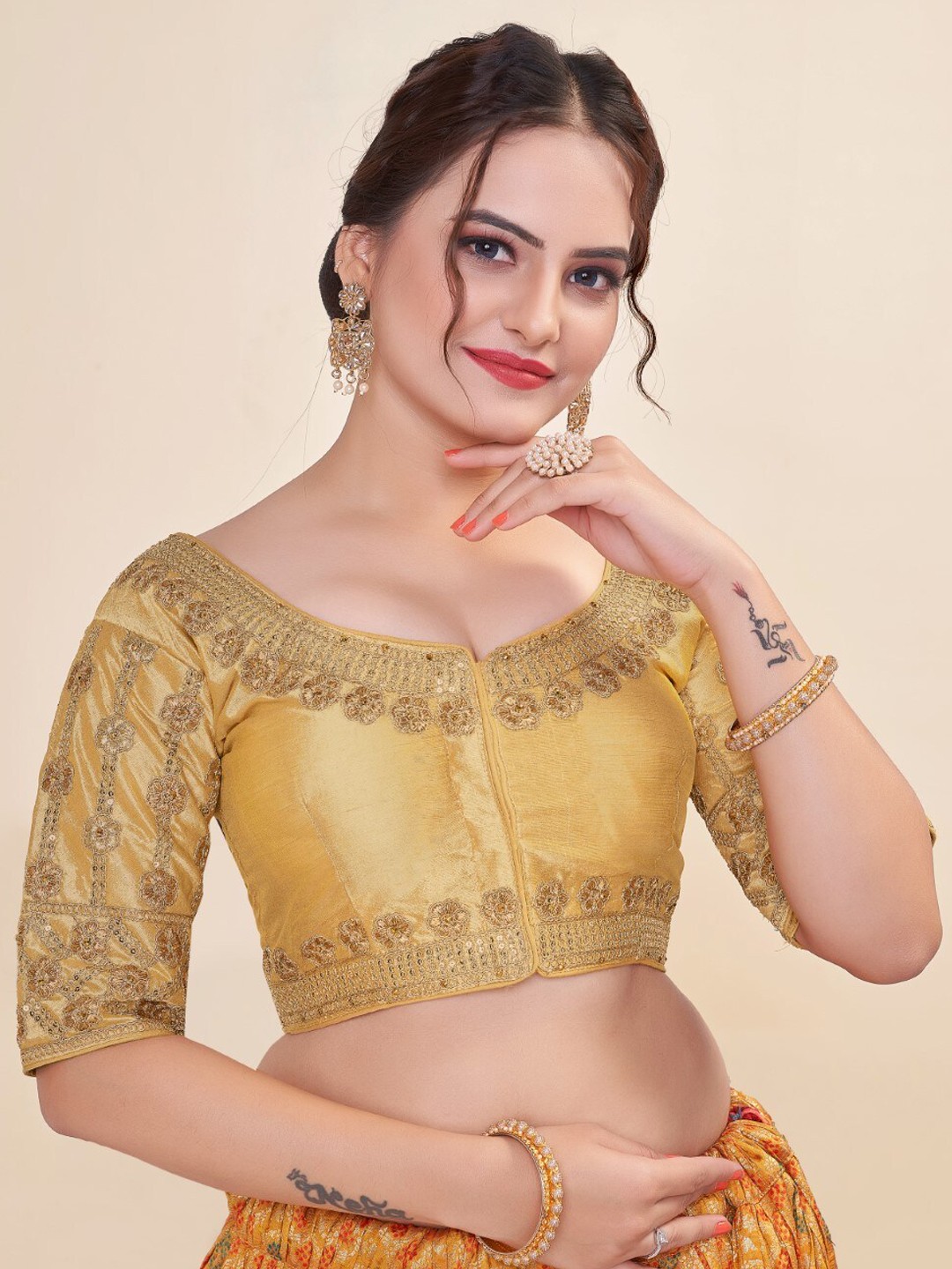 

HIMRISE Embroidered Cotton Saree Blouse, Gold