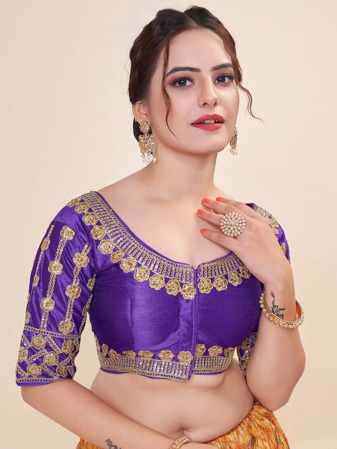 

HIMRISE Zari & Sequin Embroidered Cotton Saree Blouse, Purple