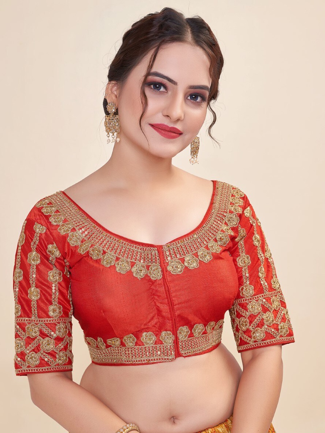 

HIMRISE Embroidered Round Neck Short Sleeve Phantom Blouse, Red
