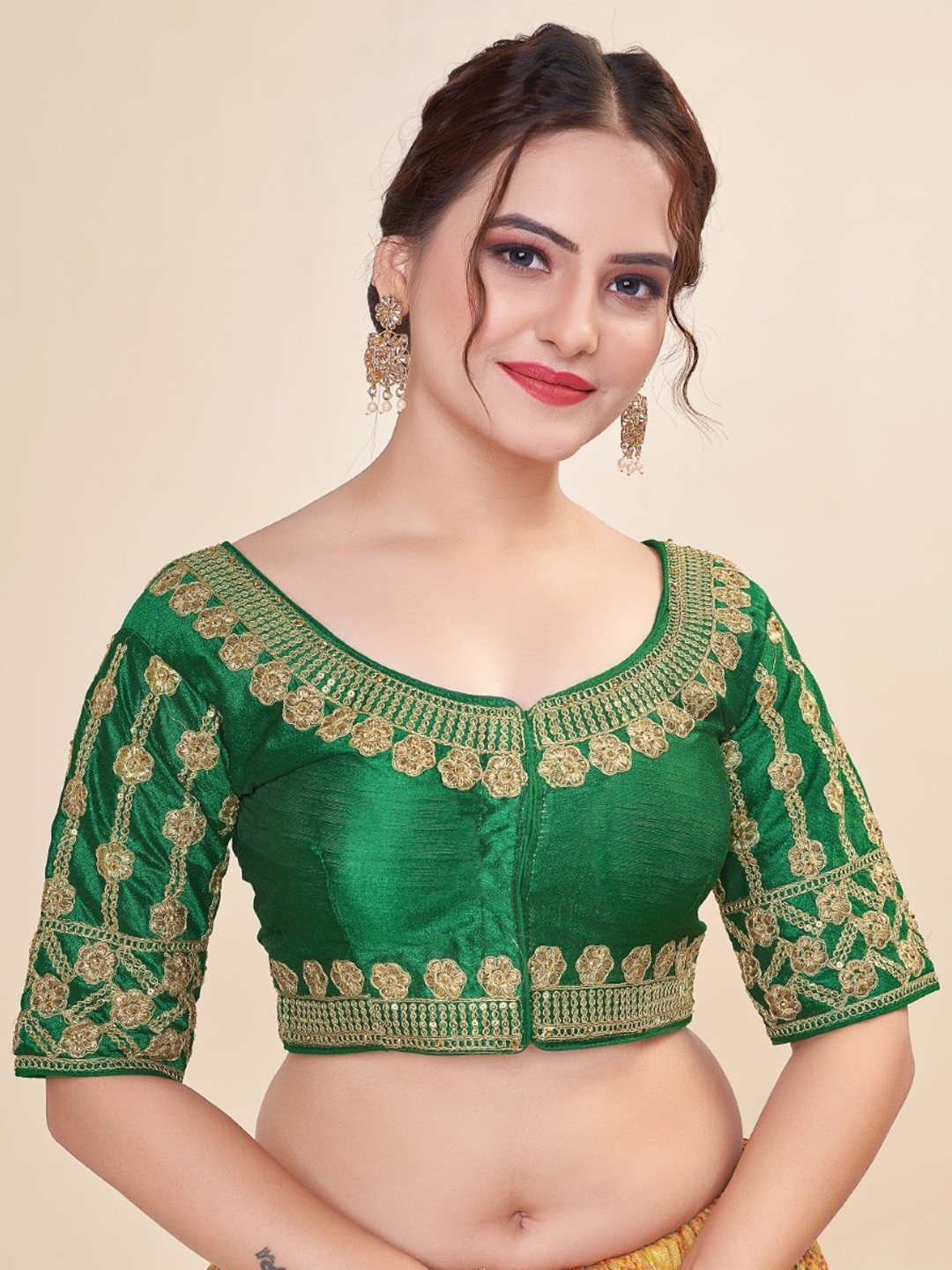 

HIMRISE Embroidered Cotton Saree Blouse, Green