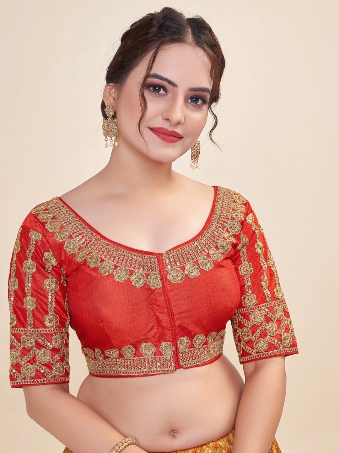 

HIMRISE Embroidered Round Neck Cotton Saree Blouse, Red