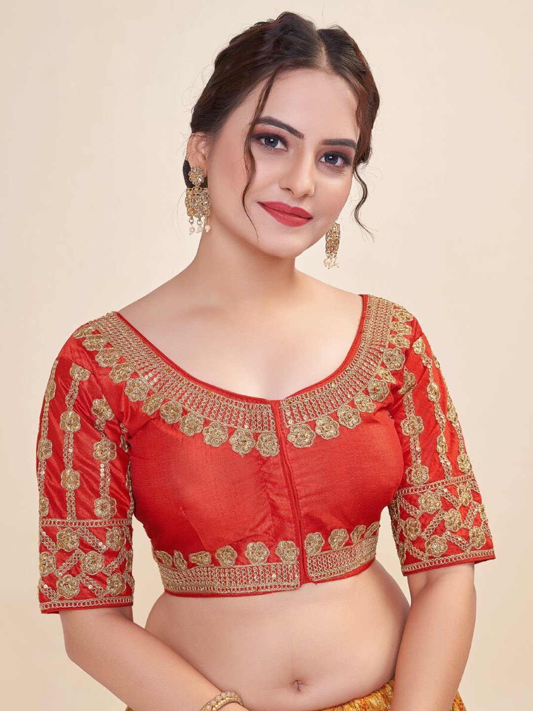 

HIMRISE Embroidered Round Neck Cotton Saree Blouse, Red