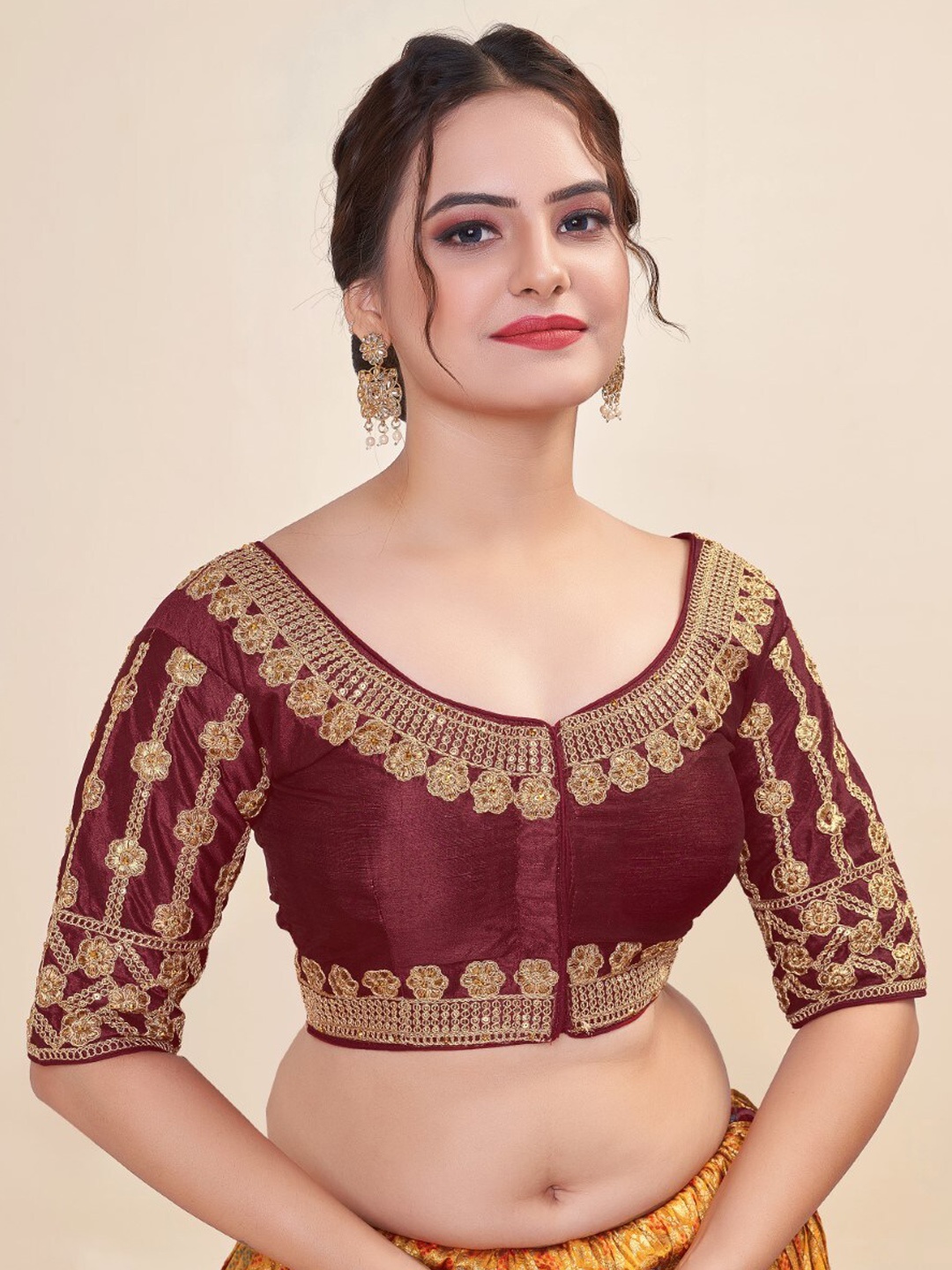 

HIMRISE Embroidered Round Neck Cotton Saree Blouse, Maroon