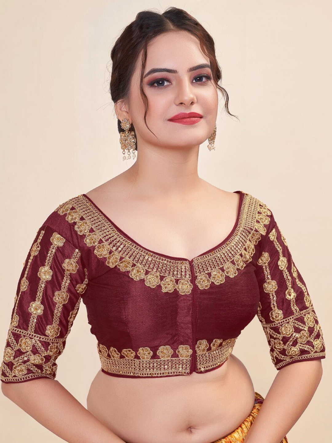 

HIMRISE Embroidered Round Neck Cotton Saree Blouse, Maroon