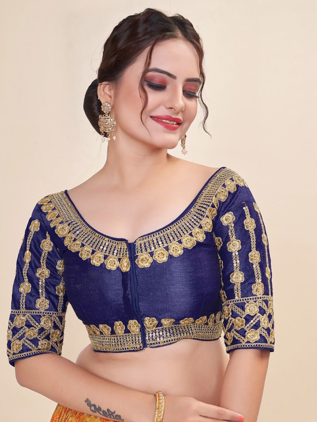 

HIMRISE Embroidered Round Neck Cotton Saree Blouse, Navy blue
