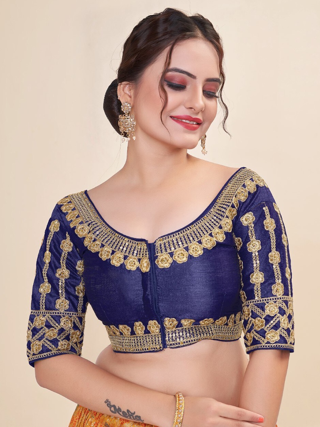 

HIMRISE Embroidered Round Neck Saree Blouse, Navy blue