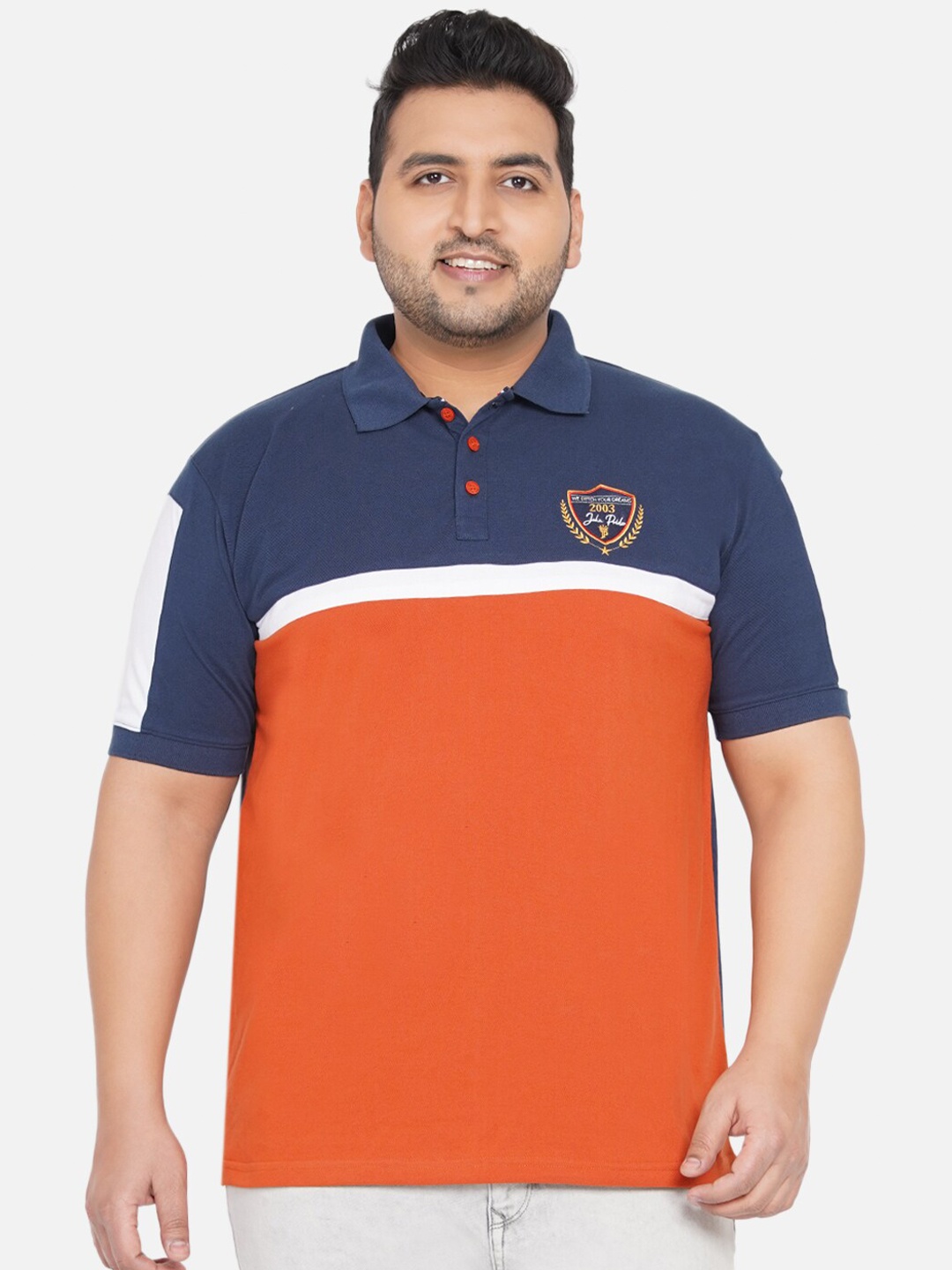 

John Pride Plus Size Colourblocked Polo Collar Bio Finish T-Shirt, Navy blue