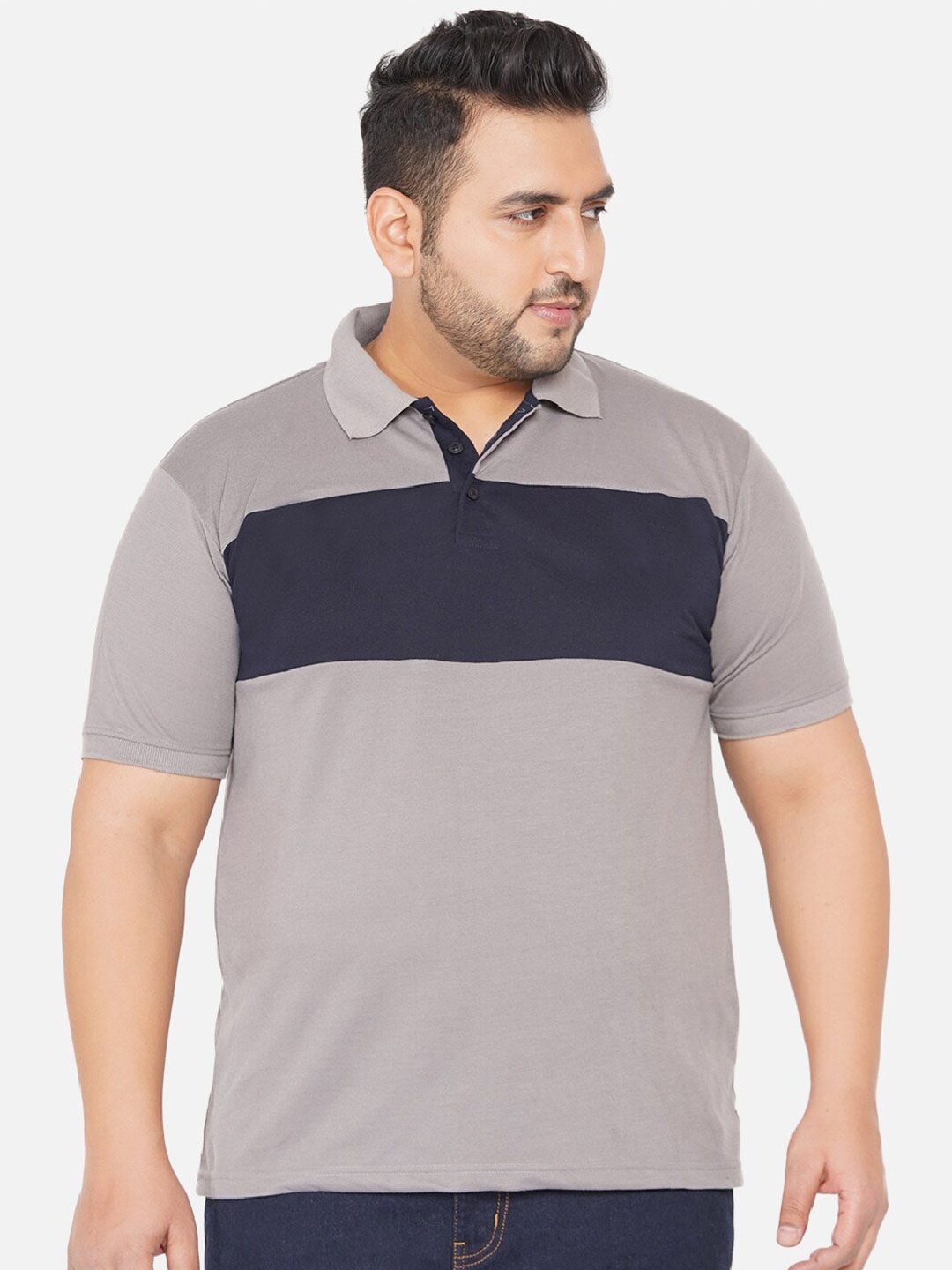 

John Pride Plus Size Colourblocked Polo Collar T-shirt, Grey