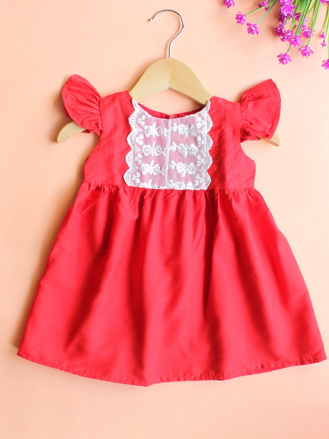 

MANY FROCKS & Girls Floral Lace Flutter Sleeve Pure Cotton Fit & Flare Dress, Red