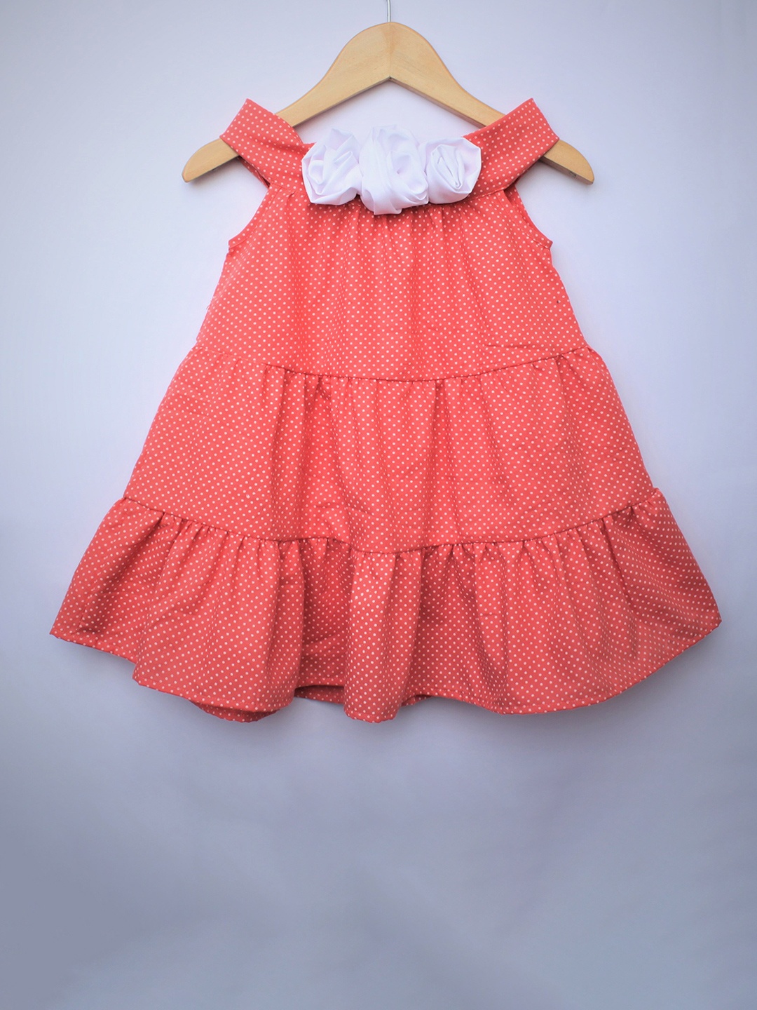 

MANY FROCKS & Girls Polka Dots Printed Tiered Pure Cotton A-Line Dress, Peach