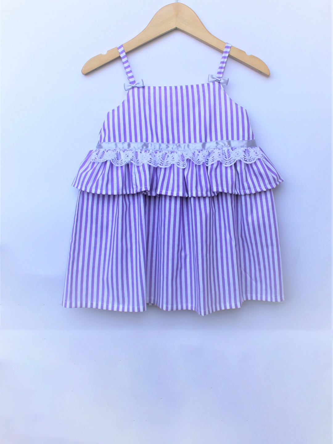 

MANY FROCKS & Girls Striped Pure Cotton Fit & Flare Dress, Purple
