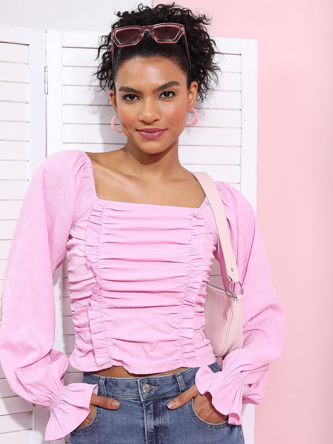 

Tokyo Talkies Square Neck Ruched Crop Top, Pink