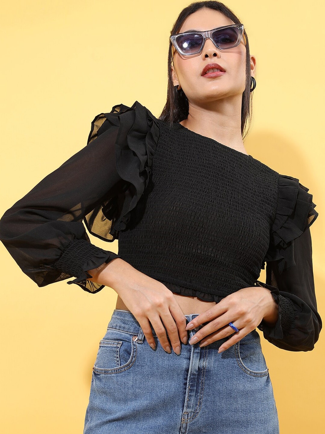 

Tokyo Talkies Round Neck Bishop Sleeves Crop Top, Black