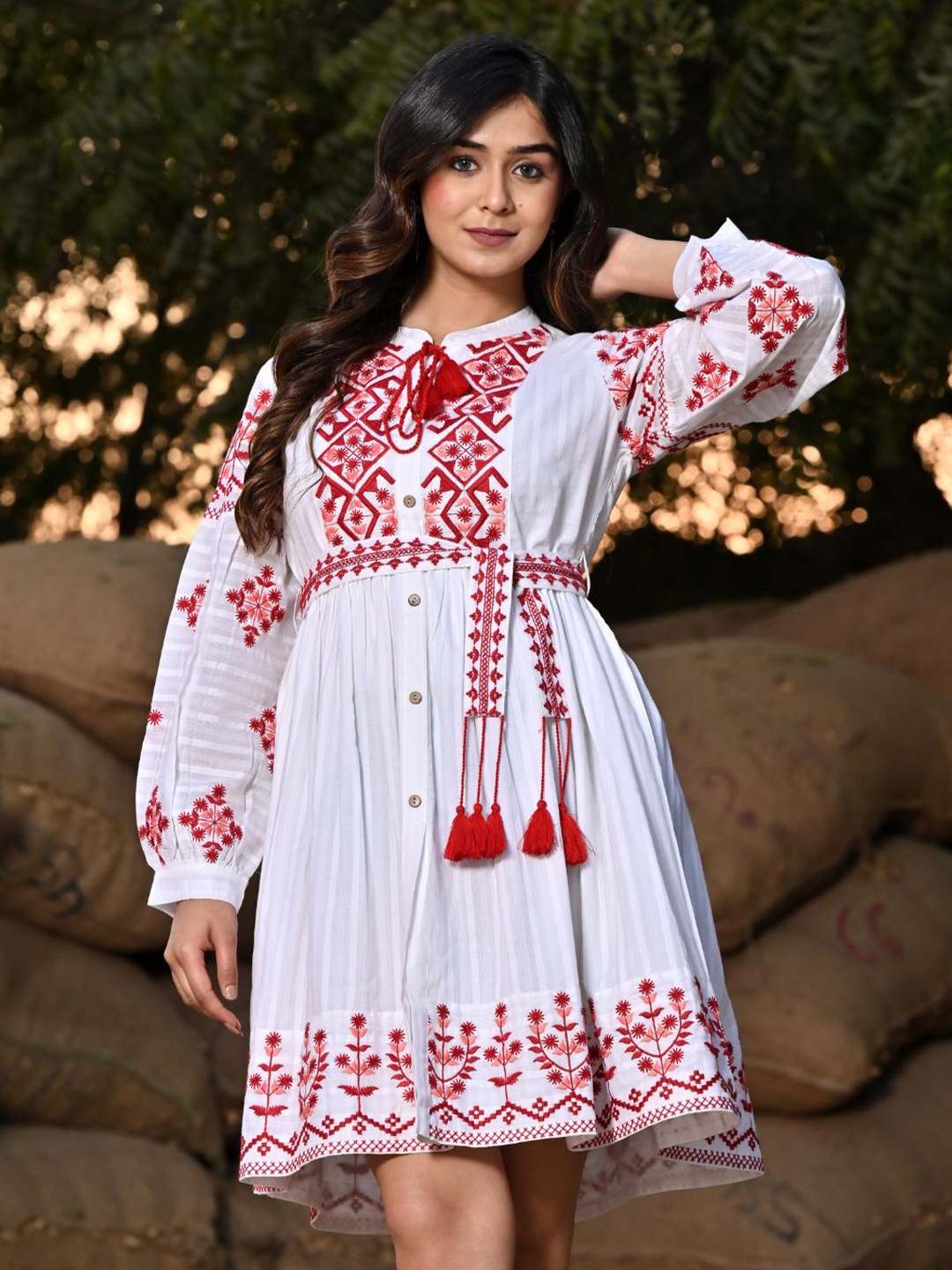 

Zolo Label Ethnic Motifs Embroidered Shirt Style Cotton Ethnic Dress, White