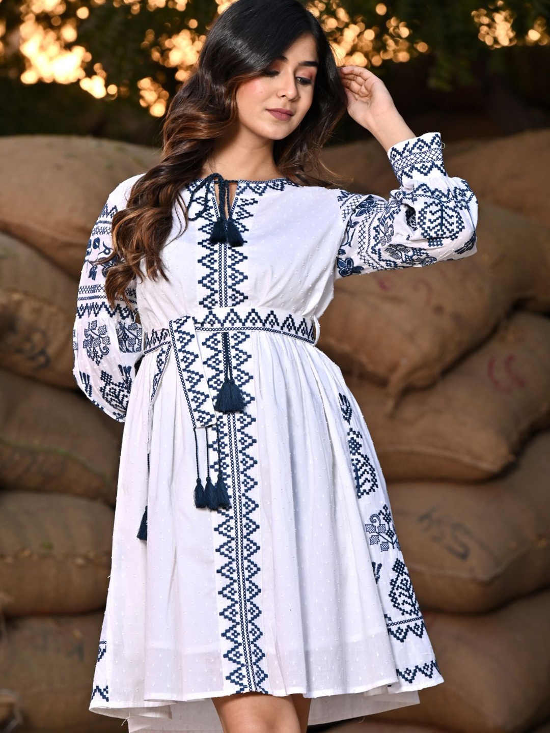 

Zolo Label Ethnic Motif Embroidered Fit & Flare Dress, White