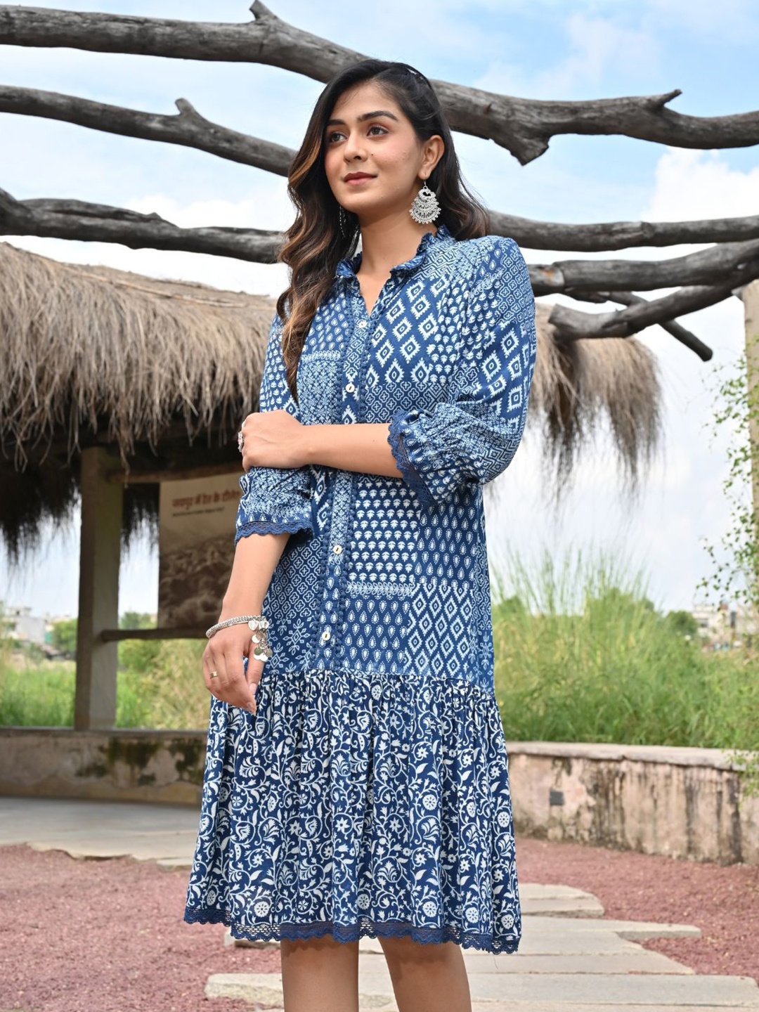

Zolo Label Ethnic Motif Printed A-Line Ethnic Dress, Blue