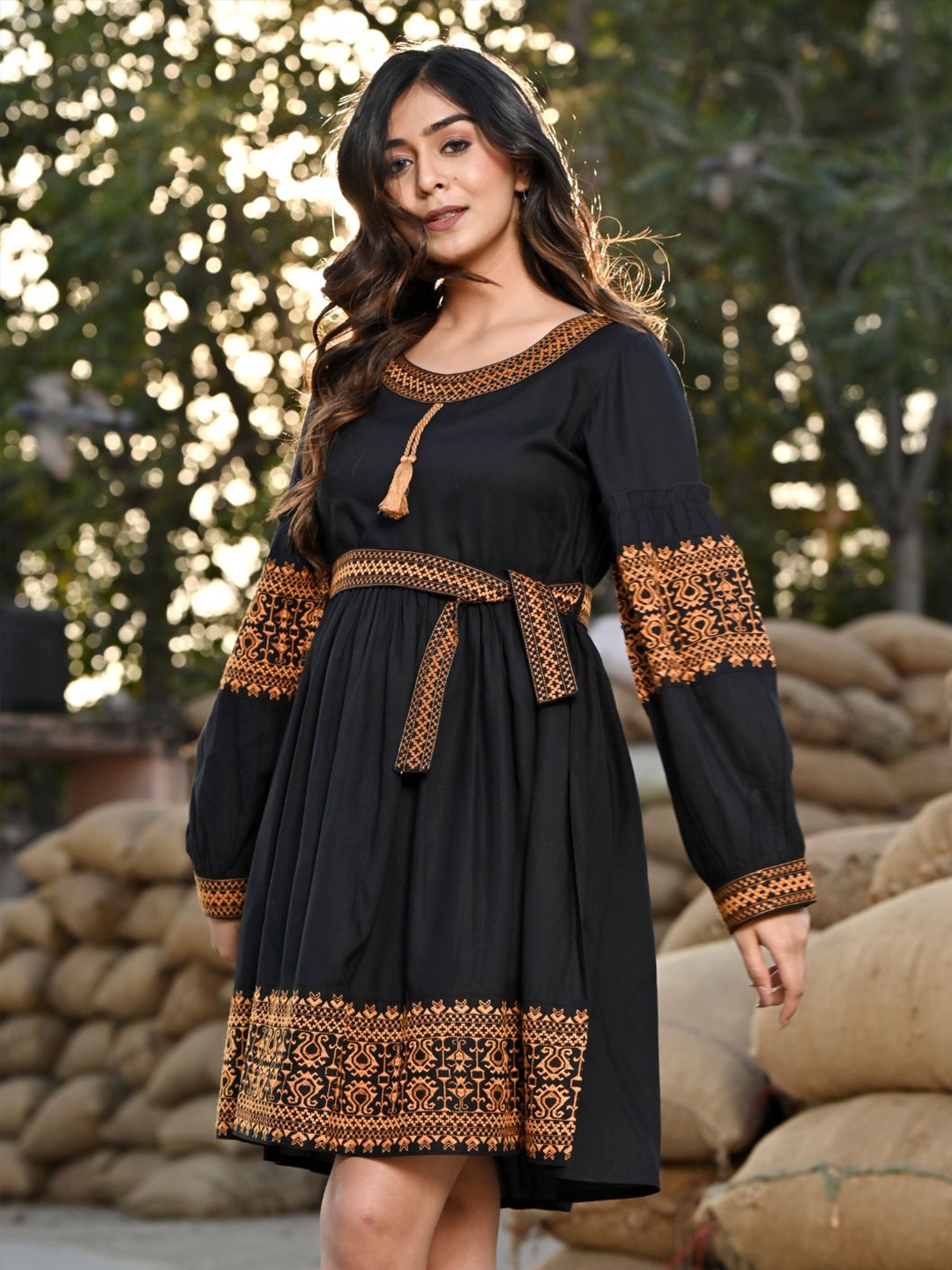 

Zolo Label Ethnic Motif Embroidered Puff Sleeves Fit & Flare Dress, Black