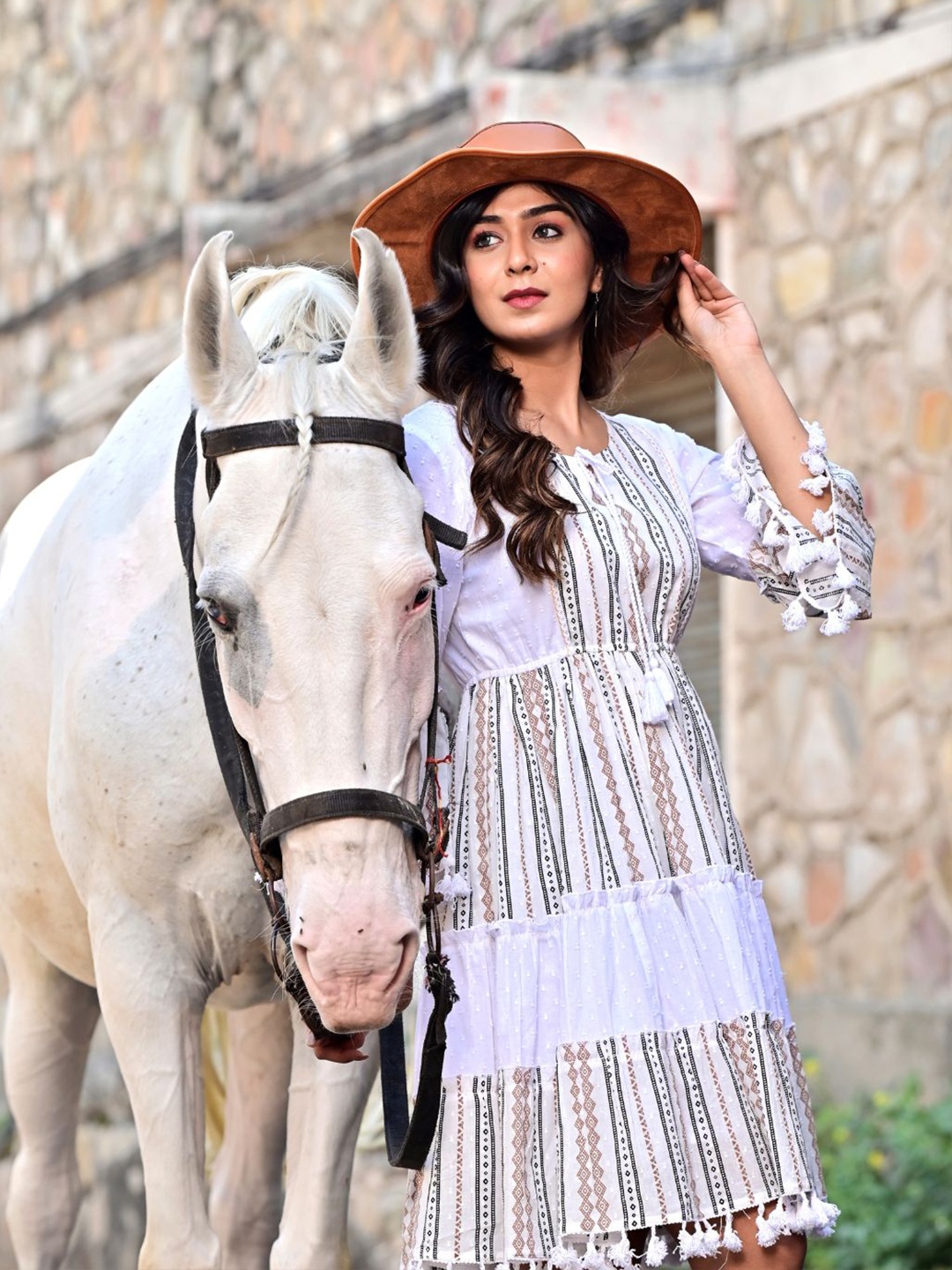 

Zolo Label Printed Bell Sleeves Tasselled Tie-Up Neck Tiered Cotton Fit & Flare Dress, White