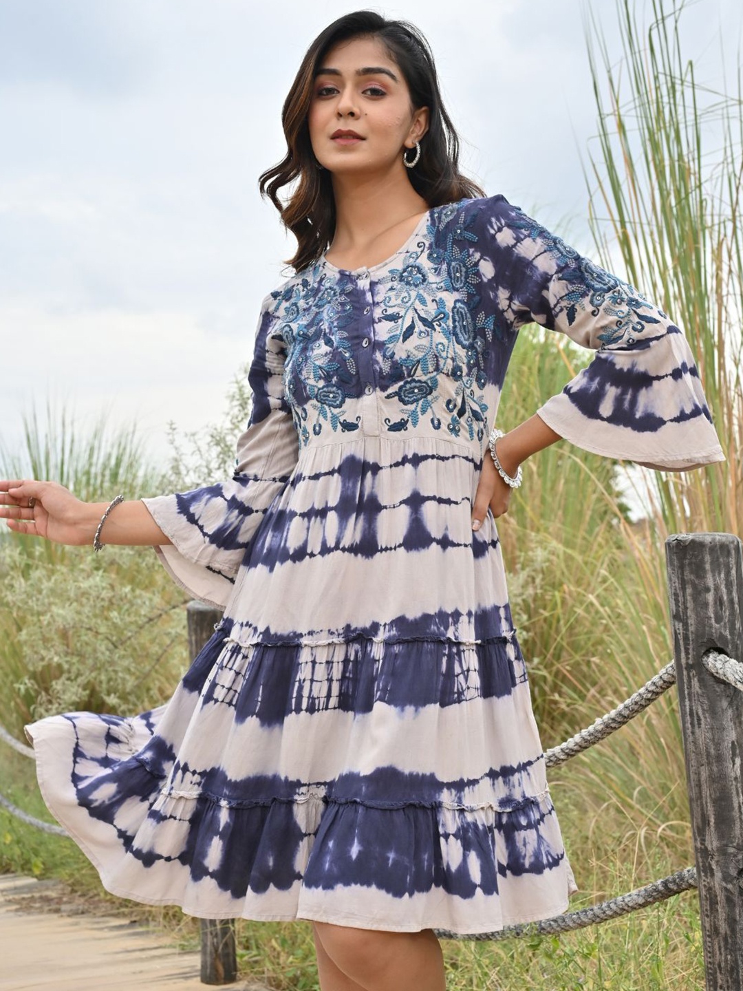 

Zolo Label Tie-Dyed Embroidered Bell Sleeves Fit & Flare Ethnic Dress, Blue