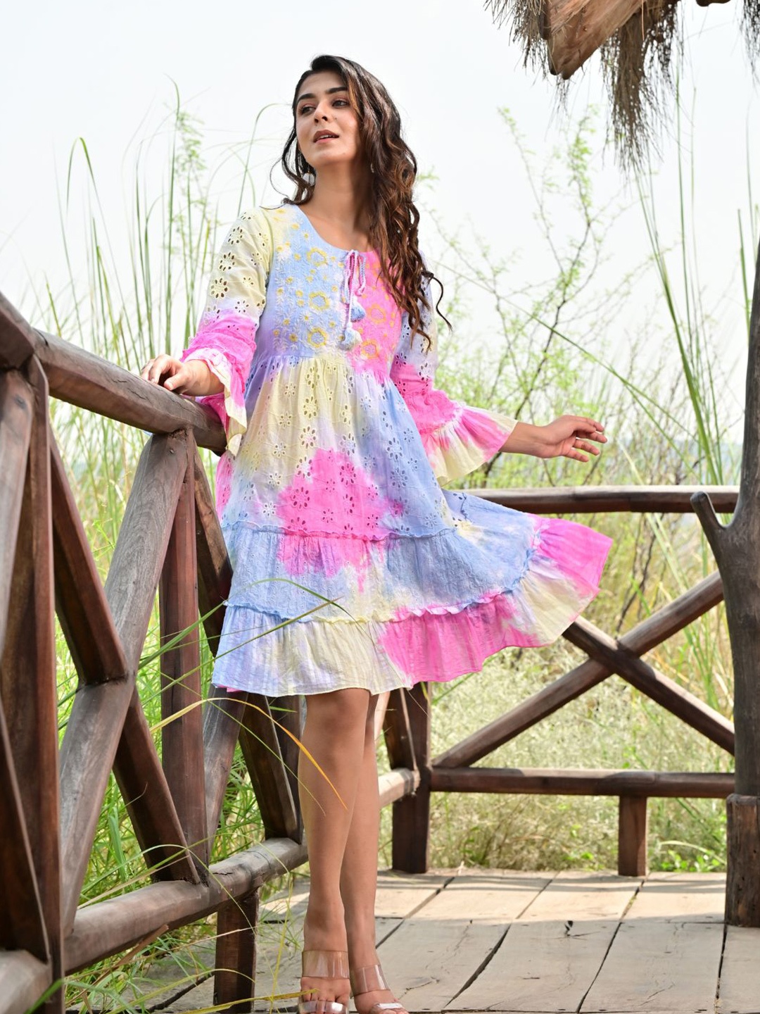 

Zolo Label Tie-Dyed Schiffli Bell Sleeves A-Line Dress, Pink