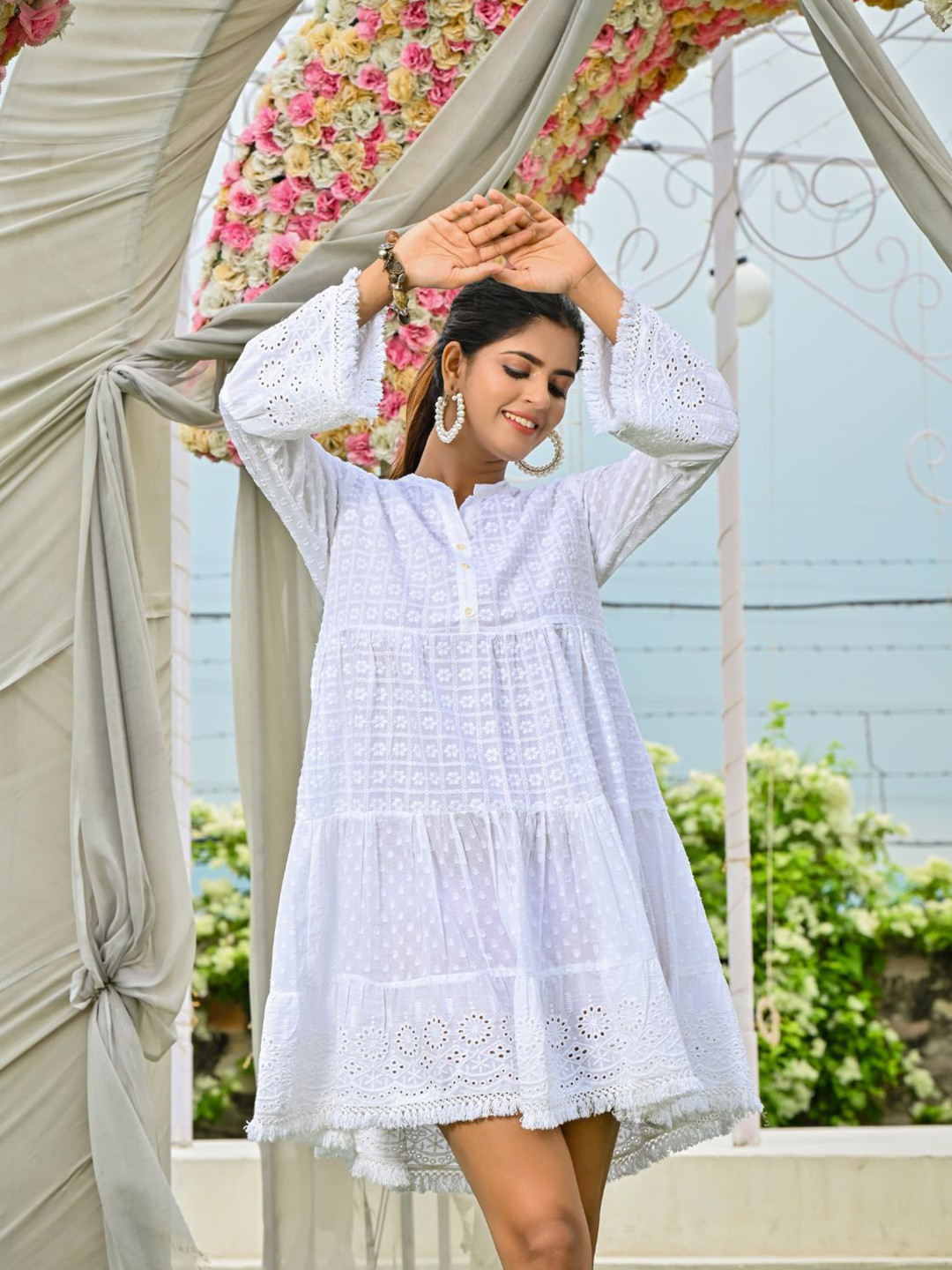 

Zolo Label Floral Embroidered Schiffli Bell Sleeves A-Line Dress, White