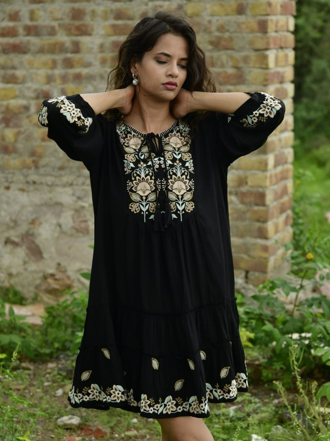 

Zolo Label Floral Embroidered Puff Sleeves Tie-Up Neck Cotton A-Line Dress, Black