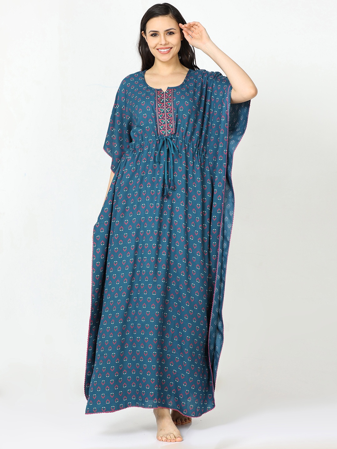 

9shines Label Ethnic Motifs Printed Maxi Nightdress, Blue