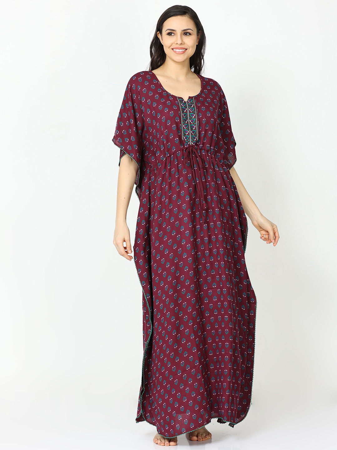 

9shines Label Ethnic Motifs Printed Maxi Kaftan Nightdress, Maroon