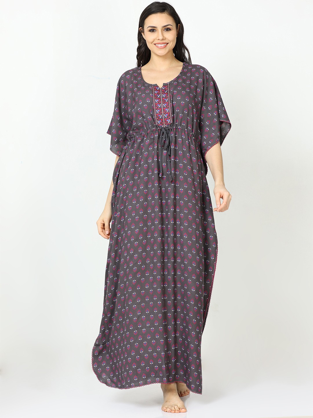 

9shines Label Ethnic Motifs Printed Maxi Kaftan Nightdress, Grey