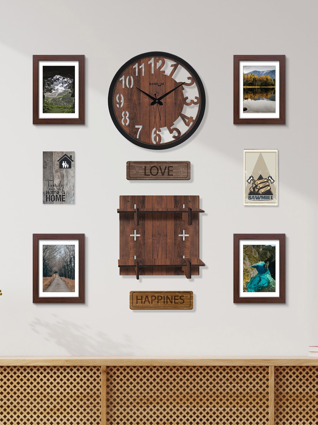 

RANDOM Black & Brown 10-Pieces Wall Clock With Photo Frames, Wall Shelves & Plaques