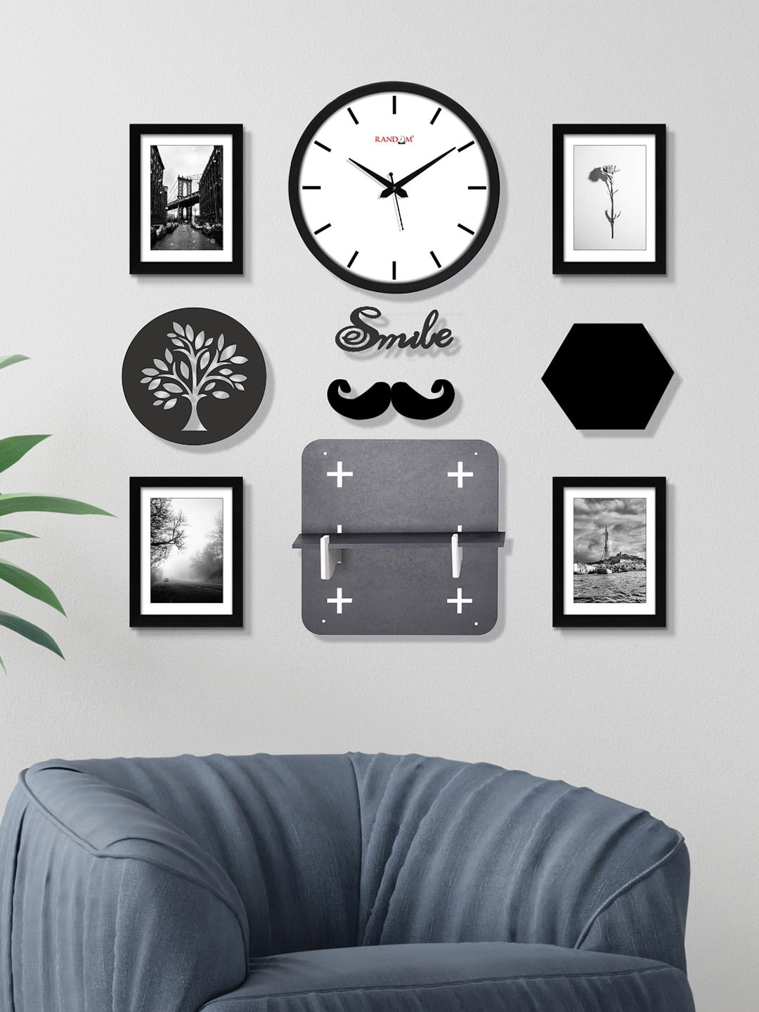RANDOM Black & White 10-Pieces Wall Clock with Photo Frames, Wall Shelves & Plaques