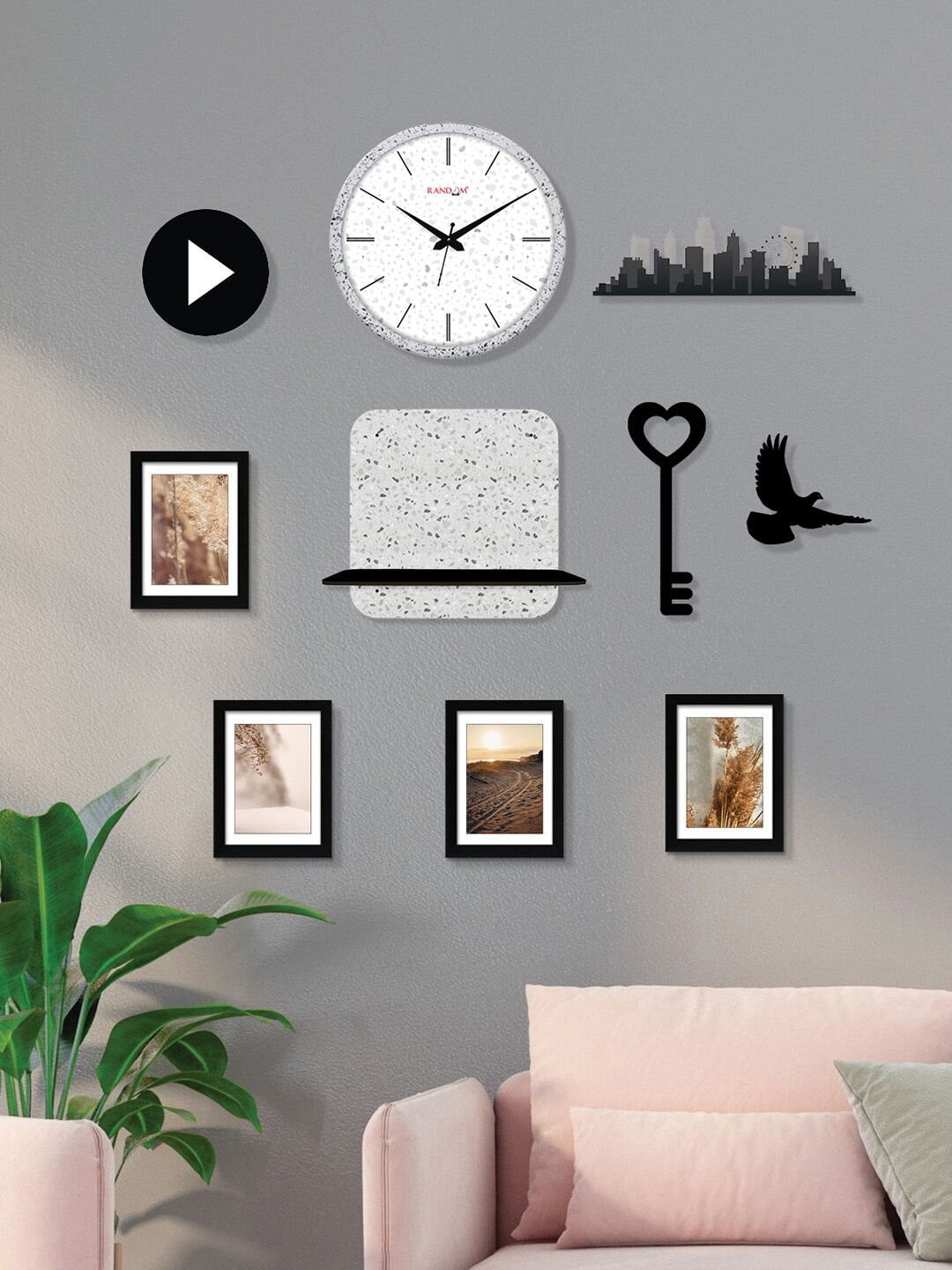 

RANDOM Black & White 10 Pieces Wall Clock with Photo Frames, Wall Shelves & Plaques