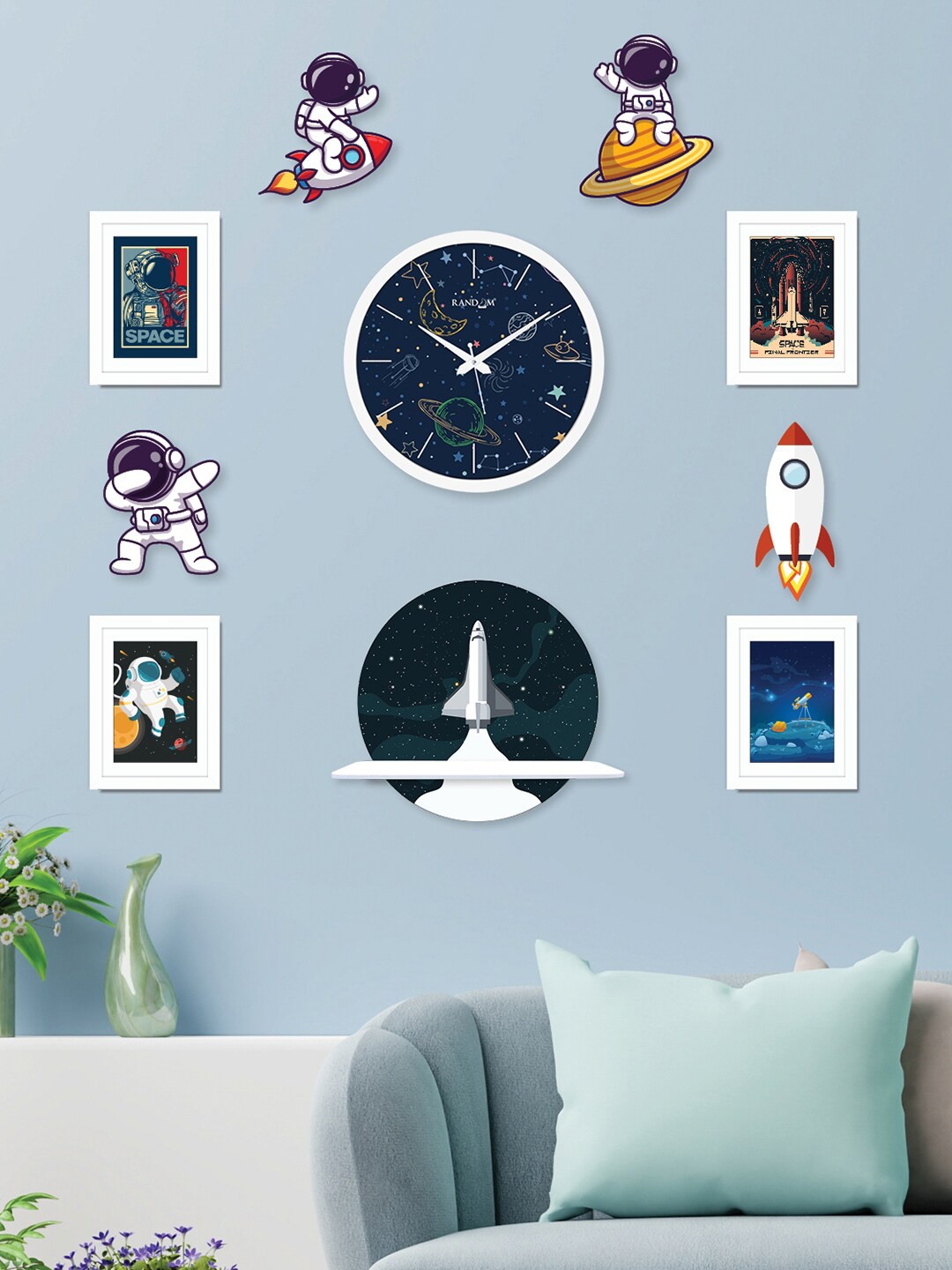 

RANDOM 10 Pieces Wall Clock with Photo Frames, Wall Shelves & Plaques, White