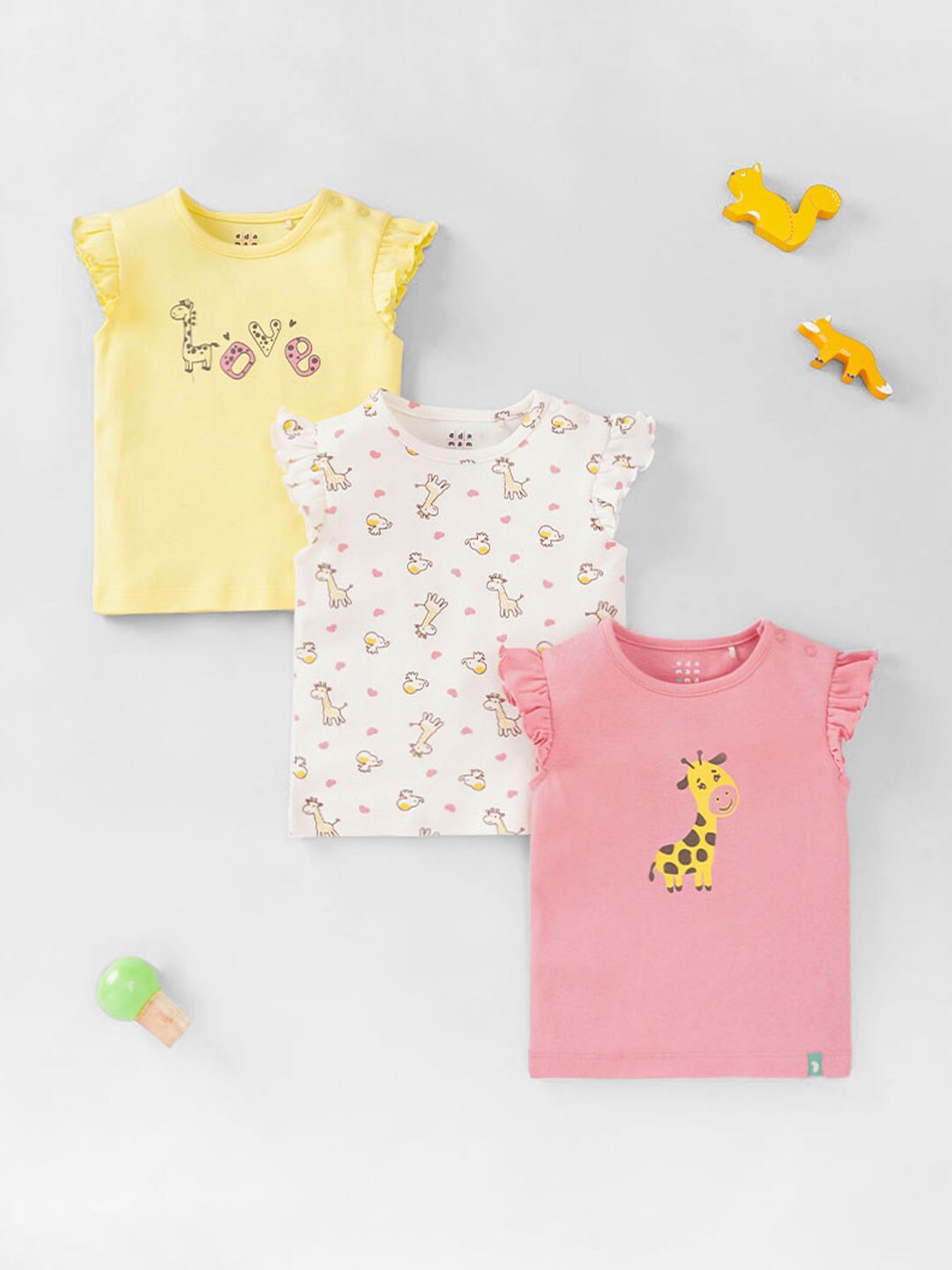 

Ed-a-Mamma Baby Infant Girls Pack Of 3 Giraffe Printed Flutter Sleeves Cotton T-shirts, Yellow