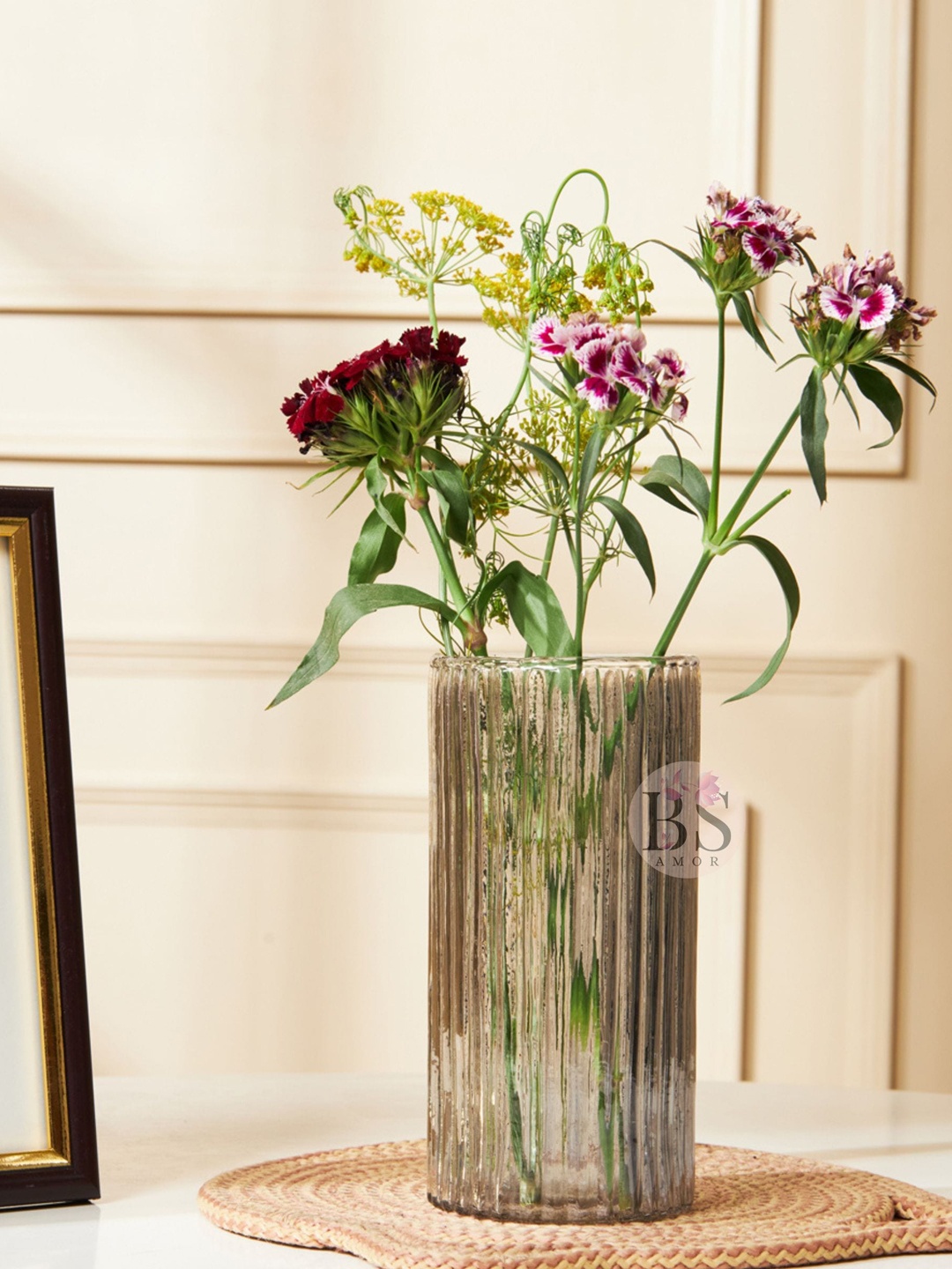 

BS AMOR Black Textured Cylindrical Shaped Glass Large Flower Vase