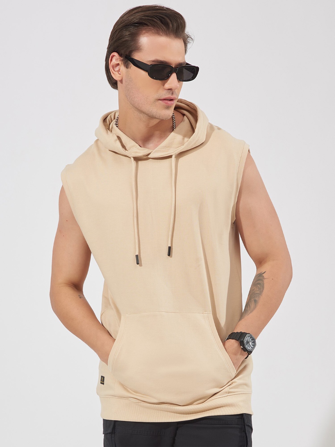 

Maniac Sleeveless Hooded Pure Cotton Slim Fit T-shirt, Beige