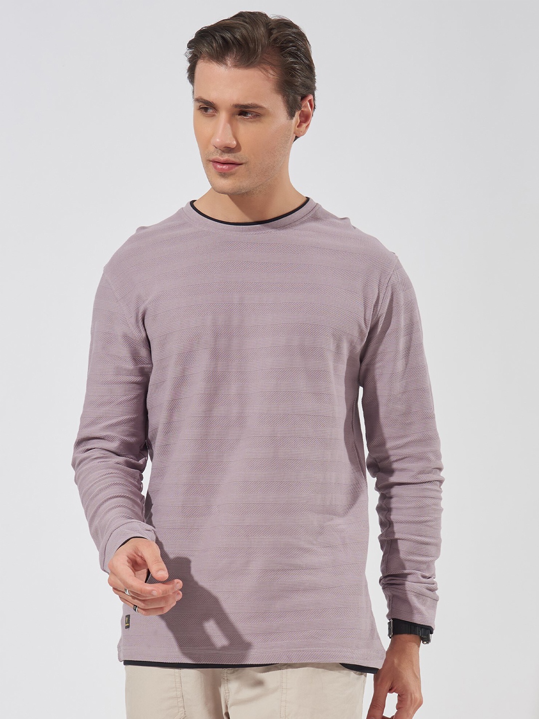 

Maniac Men Self Design Long Sleeves Round Neck Cotton Slim Fit T-shirt, Lavender