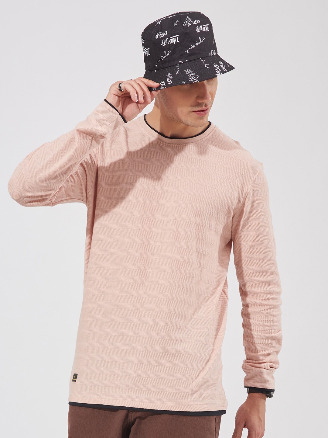 

Maniac Self Design Round Neck Long Sleeves Pure Cotton Slim Fit T-shirt, Peach