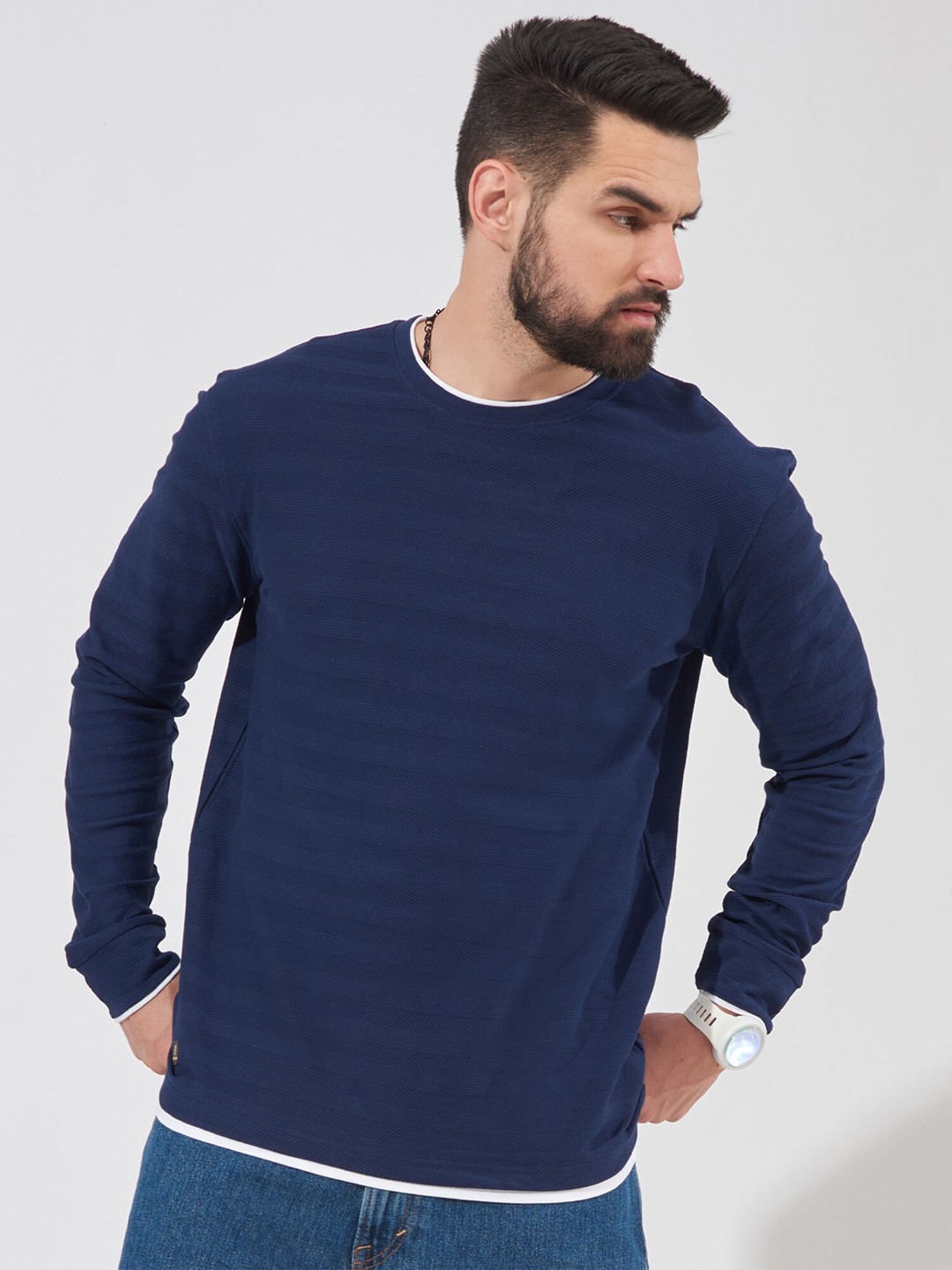 

Maniac Long Sleeve Round Neck Pure Cotton Slim Fit T-shirt, Navy blue