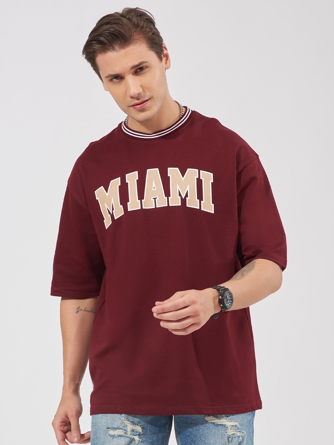 

Maniac Typography Printed Round Neck Pure Cotton Boxy Fit T-shirt, Burgundy