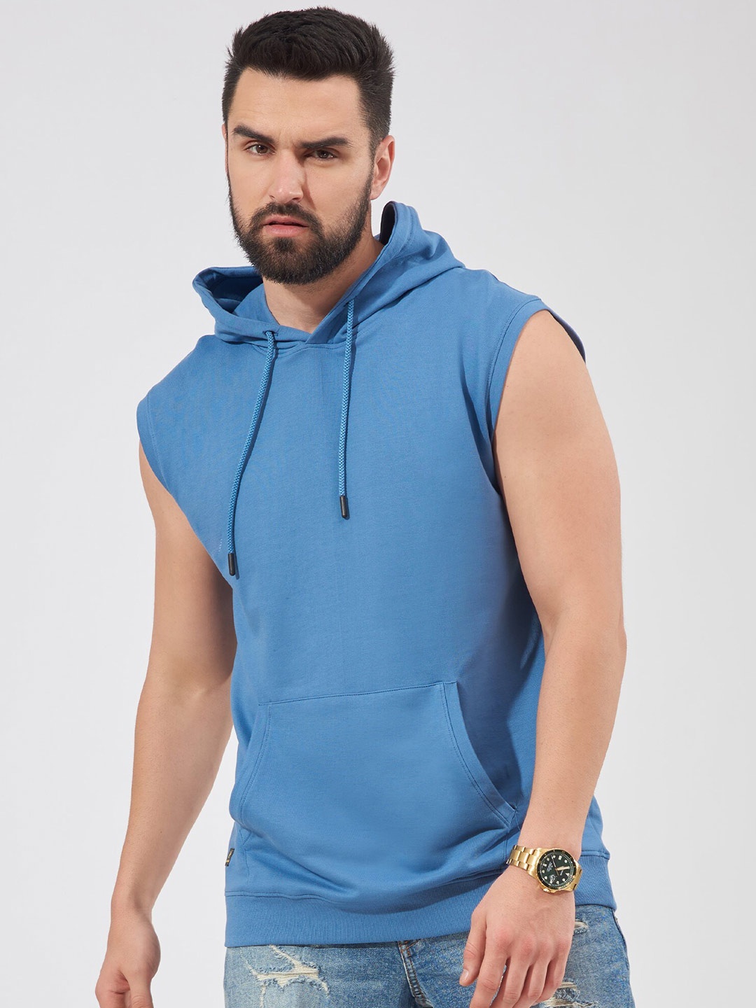 

Maniac Men Sleeveless Hooded Cotton Boxy T-shirt, Blue